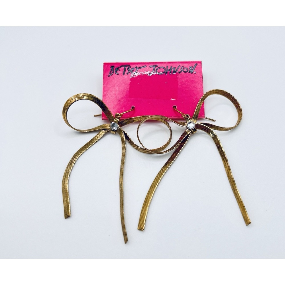 Betsey Johnson Gold Tone Statement Bow Drop Earrings Crystal Accent NWT